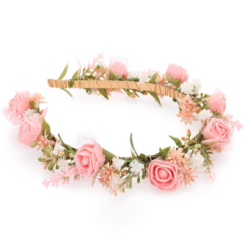 Women's Pink Flower Headband Lace Foam Wedding Party Boho Hair Accessory